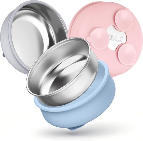 HaWare Baby Bowls with Suction, Stainless Steel Toddler Bowl with Removable Silicone Sleeve, Non-Slip Child Food Bowl with Silicone Suction, Unbreakable Kids Bowls for Feeding, Blue+Green+Grey, 3 Pack in Kuwait