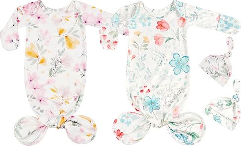 Newborn Baby Sleeper Gown - Knotted Nightgown Coming Home Outfits for Baby Girl - 2-Piece Set With Hat (US, Age, 0 Months, 3 Months, Blue and Pink) in Kuwait