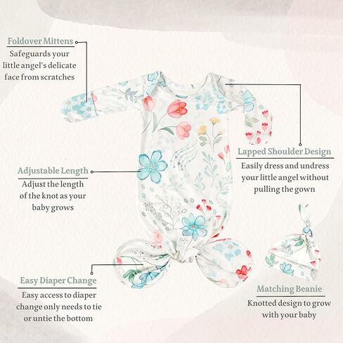 Newborn Baby Sleeper Gown - Knotted Nightgown Coming Home Outfits for Baby Girl - 2-Piece Set With Hat (US, Age, 0 Months, 3 Months, Blue and Pink) in Kuwait