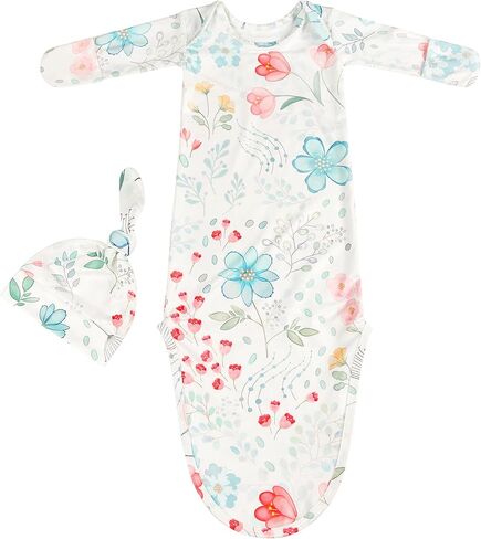 Newborn Baby Sleeper Gown - Knotted Nightgown Coming Home Outfits for Baby Girl - 2-Piece Set With Hat (US, Age, 0 Months, 3 Months, Blue and Pink) in Kuwait