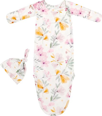 Newborn Baby Sleeper Gown - Knotted Nightgown Coming Home Outfits for Baby Girl - 2-Piece Set With Hat (US, Age, 0 Months, 3 Months, Blue and Pink) in Kuwait