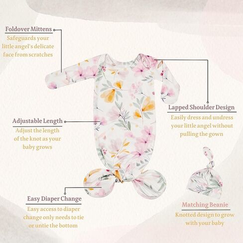 Newborn Baby Sleeper Gown - Knotted Nightgown Coming Home Outfits for Baby Girl - 2-Piece Set With Hat (US, Age, 0 Months, 3 Months, Blue and Pink) in Kuwait