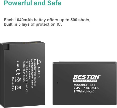 BESTON 2-Pack LP-E17 Battery and Charging Base for Canon EOS R50 R100 RP R10 R8, Rebel T8i, T7i, T6i, T6s, SL2, SL3, EOS M3, M5, M6 Mark II, 77D, 200D, 750D, 760D, 800D, 8000D Camera in Kuwait