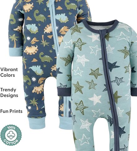 The Peanutshell 2-Pack Sleep and Play Baby Boy Clothes, Soft Cotton Footless Pajamas, Dino Star in Kuwait