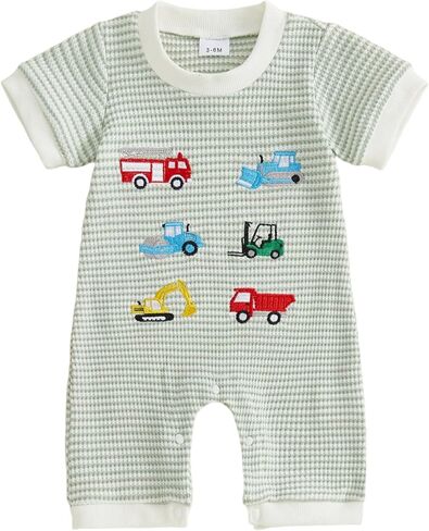 Bagilaanoe Baby Boy Summer مخطط رومبير عصري على شكل سمكة/مركبة بناء مطرزة بأكمام قصيرة in Kuwait