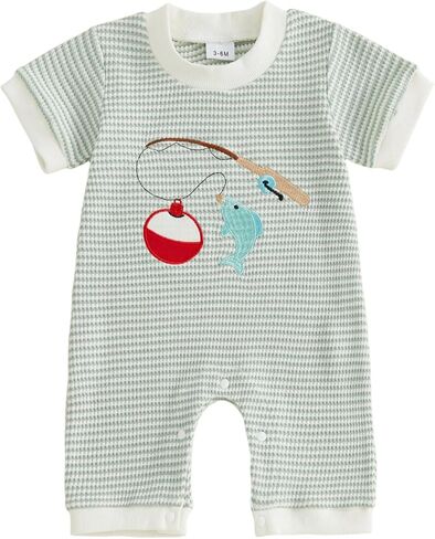 Bagilaanoe Baby Boy Summer Striped Romper Fashionable Fish/Construction Vehicle Embroidery Short Sleeve Jumpsuits in Saudi Arabia