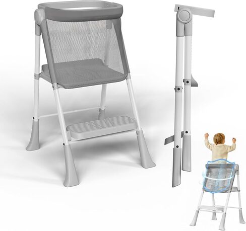 Toddler Tower Foldable, Foldable Toddler Standing Tower for Bathroom Sink or Kitchen Counter with Safety Net, Suitable for 1-6 Years,Grey in Saudi Arabia