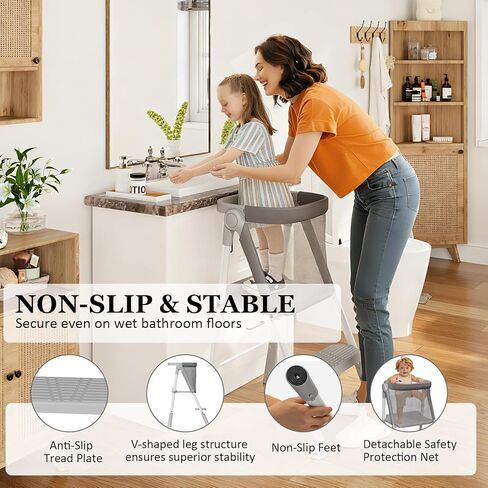 Toddler Tower Foldable, Foldable Toddler Standing Tower for Bathroom Sink or Kitchen Counter with Safety Net, Suitable for 1-6 Years,Grey in Saudi Arabia