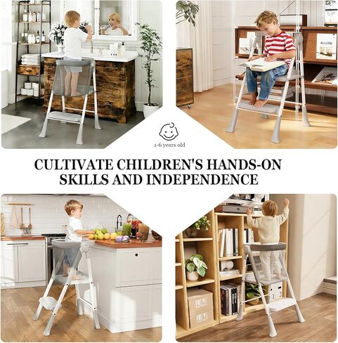 Toddler Tower Foldable, Foldable Toddler Standing Tower for Bathroom Sink or Kitchen Counter with Safety Net, Suitable for 1-6 Years,Grey in Saudi Arabia
