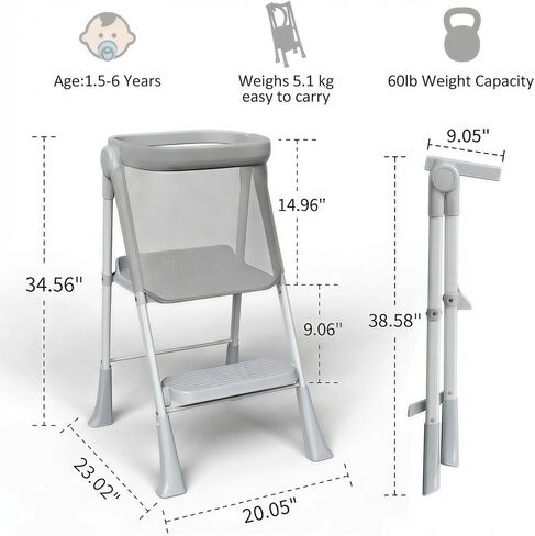 Toddler Tower Foldable, Foldable Toddler Standing Tower for Bathroom Sink or Kitchen Counter with Safety Net, Suitable for 1-6 Years,Grey in Saudi Arabia