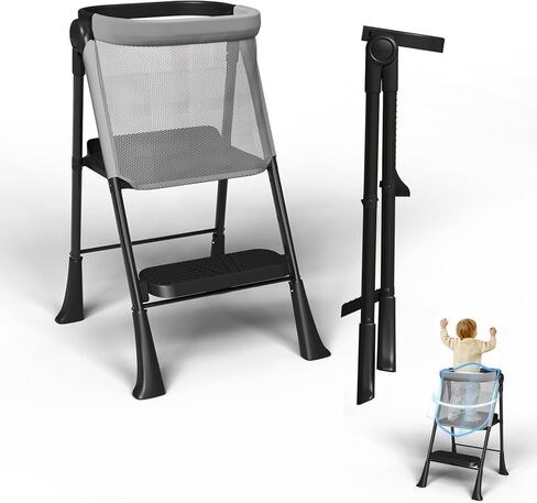 Toddler Tower Foldable, Foldable Toddler Standing Tower for Bathroom Sink or Kitchen Counter with Safety Net, Suitable for 1-6 Years,Grey in Kuwait
