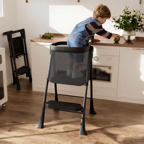 Toddler Tower Foldable, Foldable Toddler Standing Tower for Bathroom Sink or Kitchen Counter with Safety Net, Suitable for 1-6 Years,Grey in Saudi Arabia