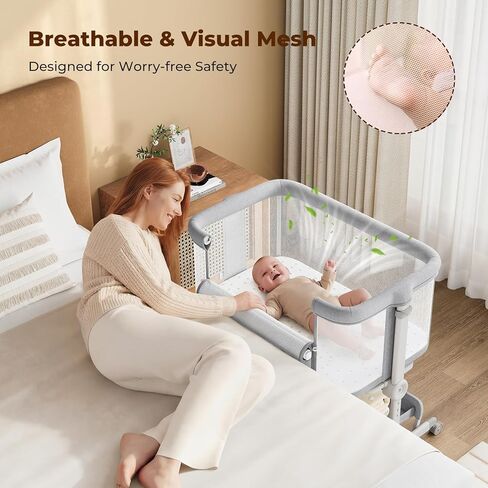 Ezebaby Baby Bassinets Bedside Sleeper, Portable Bedside Bassinet for Baby Newborn Infants with Adjustable 7 Heights and All Mesh Sides, Newborn Crib with Mattress and Soft, Breathable Sheet | Baby bassinets in Kuwait