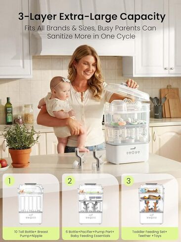 Grownsy 3 Layers-Large Bottle Sterilizer and Dryer, Holds 6 to10 Bottles, Nesting Design Bottle Sanitizer Esterilizador de Biberones for Breast Pump Sterilizer Bags Bottle Brush Included in Kuwait