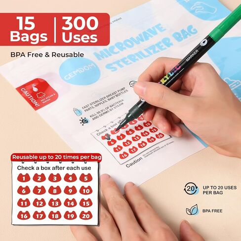 15 Pack Microwave Steam Sterilizer Bags Plus, Large Size for Baby Bottles Soothers, Teethers, Breast Pump Parts, Training Cups and Accessories, 20 Uses Per Bag, Baby Travel Essential in Kuwait