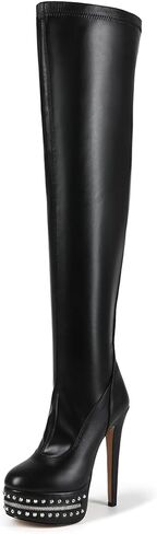 Feinlina Women's Over Knee High Stiletto Platform Boots Sexy Black Leather Thigh High Heel Boots with Studded Zipper in Kuwait