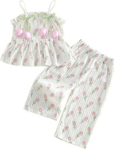 VISGOGO Infant​ Toddler Baby Girl Strawberry Outfit Sleeveless Waffle Cami Tank Ruffle Tops Pants Summer Clothes in Kuwait