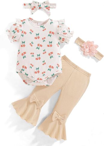 Vibebox Baby Girl Clothes Newborn Preemie Summer Outfits Preemie-12 Months | Short Sleeve Ruffle Romper Tops Bell Bottoms Pant Sets with Headband, Infant Girls Spring Summer Clothing Sets Essentials in Saudi Arabia