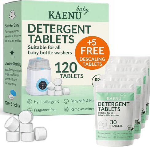 Bottle Washer Detergent Tablets -120 PCS & 5 Free Descaling Tablets - Compatible with all Baby Bottle Washers, Baby Brezza, Momcozy & Grownsy - Removes Milk Residue & Odor from Bottles & Pump Parts in Kuwait