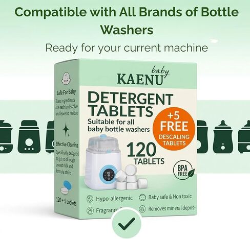 Bottle Washer Detergent Tablets -120 PCS & 5 Free Descaling Tablets - Compatible with all Baby Bottle Washers, Baby Brezza, Momcozy & Grownsy - Removes Milk Residue & Odor from Bottles & Pump Parts in Kuwait