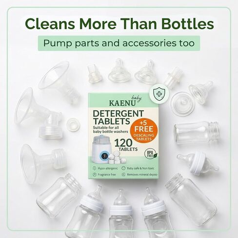 Bottle Washer Detergent Tablets -120 PCS & 5 Free Descaling Tablets - Compatible with all Baby Bottle Washers, Baby Brezza, Momcozy & Grownsy - Removes Milk Residue & Odor from Bottles & Pump Parts in Kuwait