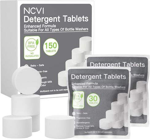 NCVI 150 PCS Detergent Washing Block Tablets, All-in-one Stain Removal, Sterilization and Deodorization Effect Compatible with NCVI/Momcozy/Baby Brezza/Grownsy Bottle Washer Machine Soap, Low-foaming in Kuwait
