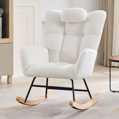 GarveeLife Nursery Rocking Chair,Teddy Upholstered Padded Seat Rocking Chair with High Backrest,Modern Accent Recliner for Living Room, Bedroom, Cozy Reading in Kuwait