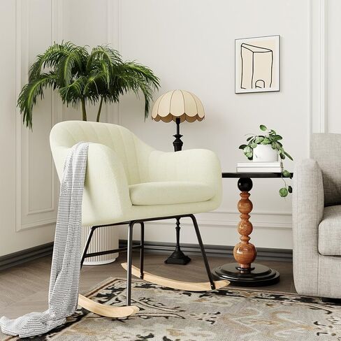 IDEALHOUSE Nursery Rocking Chair Upholstered Glider Rocker Accent Chair with High Backrest Armchair Comfy Side Pocket Modern Rocking Accent Chairs for Living Room, Bedroom, Nursery, White in Saudi Arabia