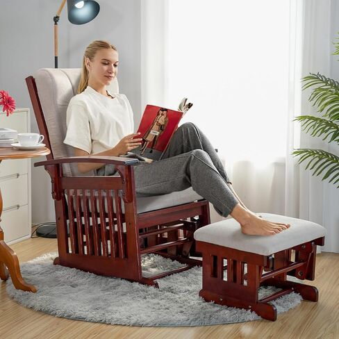 Glider Rocking Chair Nursery with Ottoman Smooth Rocking Motion, Easy to Assemble, Solid Hardwood Base Indoor Adult(Cream White) in Saudi Arabia
