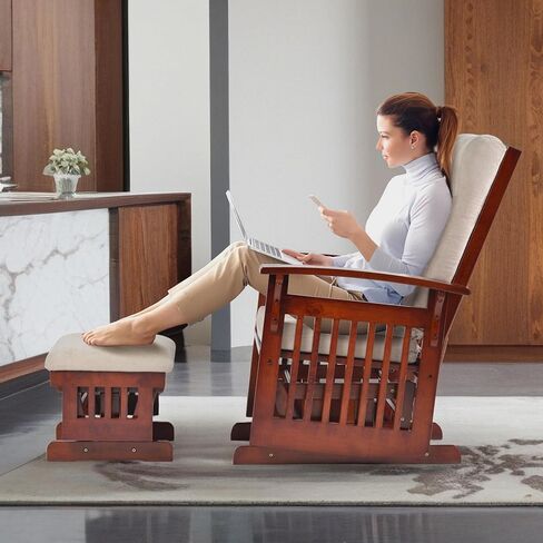 Glider Rocking Chair Nursery with Ottoman Smooth Rocking Motion, Easy to Assemble, Solid Hardwood Base Indoor Adult(Cream White) in Saudi Arabia