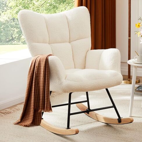 Rocking Chair, Upholstered Glider Rocker Accent Chair, Nnursery Rocking Chairs with High Backrest for Small Spaces, Indoor, Living Room, Bedroom, White in Kuwait