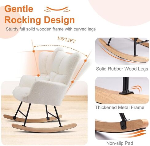 Rocking Chair, Upholstered Glider Rocker Accent Chair, Nnursery Rocking Chairs with High Backrest for Small Spaces, Indoor, Living Room, Bedroom, White in Kuwait