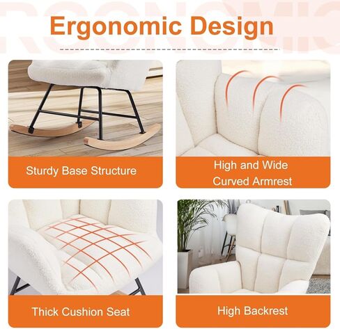Rocking Chair, Upholstered Glider Rocker Accent Chair, Nnursery Rocking Chairs with High Backrest for Small Spaces, Indoor, Living Room, Bedroom, White in Kuwait