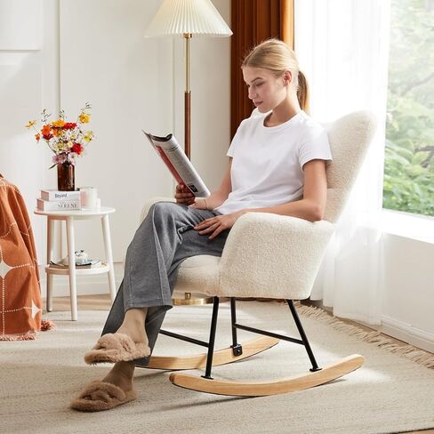 Rocking Chair, Upholstered Glider Rocker Accent Chair, Nnursery Rocking Chairs with High Backrest for Small Spaces, Indoor, Living Room, Bedroom, White in Kuwait