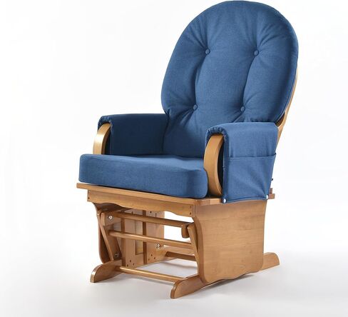 Nursery Glider Chair with Solid Rubberwood Frame, Smooth Gliding Rocking Chair for Baby Feeding or Daycare, Padded Foam Arm Rests, Side Storage Pockets, Blue in Kuwait