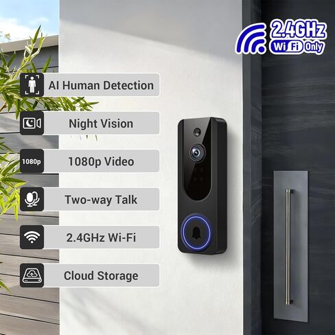 Hubposh Doorbell Camera Wireless with Indoor Receiver, Baby Monitor, Battery Powered, AI Human and Motion Detection, 2 Way Talk, 1080P Night Vision, Cloud Storage (Sold Separately) in Kuwait