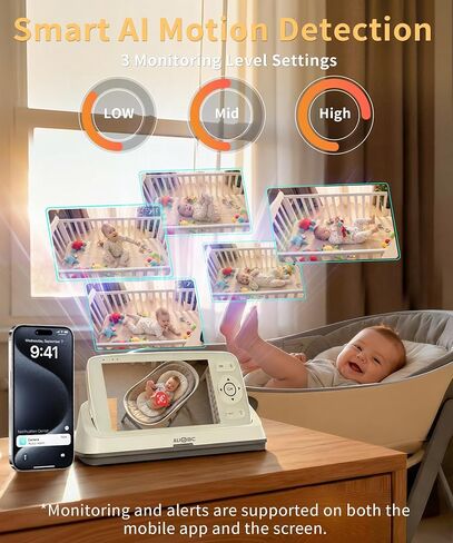ALIOBC Baby Monitor with Camera and Audio AI Smart Video Baby Camera | WiFi & No-WiFi Modes Cry Detection Night Vision 1080p FHD Camera and 5" Large Screen Two-Way Talk 1K ft Range for New Parents in Kuwait