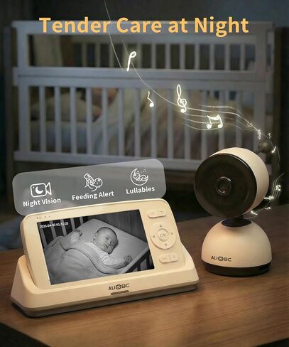 ALIOBC Baby Monitor with Camera and Audio AI Smart Video Baby Camera | WiFi & No-WiFi Modes Cry Detection Night Vision 1080p FHD Camera and 5" Large Screen Two-Way Talk 1K ft Range for New Parents in Kuwait