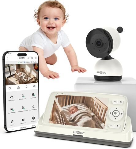 ALIOBC Baby Monitor with Camera and Audio AI Smart Video Baby Camera | WiFi & No-WiFi Modes Cry Detection Night Vision 1080p FHD Camera and 5" Large Screen Two-Way Talk 1K ft Range for New Parents in Kuwait