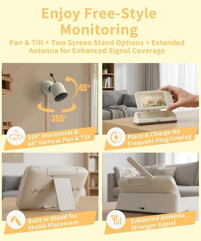 ALIOBC Baby Monitor with Camera and Audio AI Smart Video Baby Camera | WiFi & No-WiFi Modes Cry Detection Night Vision 1080p FHD Camera and 5" Large Screen Two-Way Talk 1K ft Range for New Parents in Kuwait