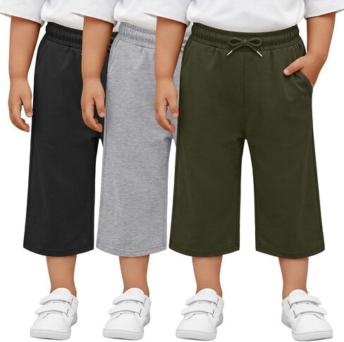 3 Pack Toddler Boys Capri Pants Loose Wide Leg Cropped Pants Kids Drawstring Sweatpants with Pockets 18M-6Y in Kuwait