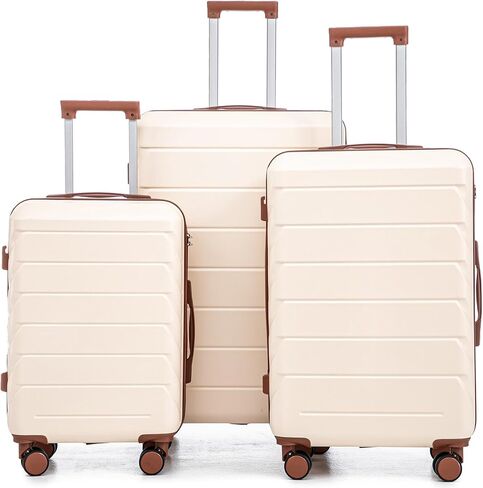 Merax 3 Pcs ABS Hardside Luggage Set Spinner Wheel Suitcase TSA Lock, Brown/Ivory, 20/24/28 Inch in Saudi Arabia
