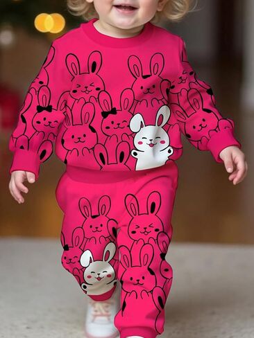 Girls' 2-Piece Set, Rabbit Print Long Sleeve Top & Pants, Pink Bunny Cute Girl Hoodie for Baby Toddler in Kuwait