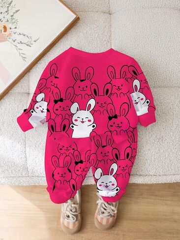 Girls' 2-Piece Set, Rabbit Print Long Sleeve Top & Pants, Pink Bunny Cute Girl Hoodie for Baby Toddler in Kuwait