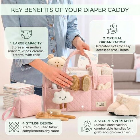 PeraBella Baby Diaper Caddy Organizer, Baby Basket Shower Gift, Portable Changing Table Basket, Postpartum Caddy & Tote Bag Pouch, Newborn Boy & Girl Nursery Essentials Registry, Car Diaper Organizer in Saudi Arabia