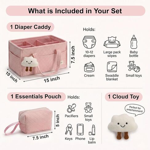 PeraBella Baby Diaper Caddy Organizer, Baby Basket Shower Gift, Portable Changing Table Basket, Postpartum Caddy & Tote Bag Pouch, Newborn Boy & Girl Nursery Essentials Registry, Car Diaper Organizer in Saudi Arabia
