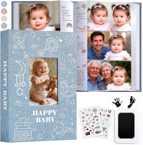 Baby Photo Album 4x6 300 Pockets with Memo Area, Photo Stickers & Hand and Footprint Kit, Linen Cover Baby Memory Book with Front Window, First Year Keepsake for Newborn Boy Girl in Kuwait