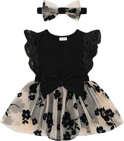 Baby Girl Romper Dress, Tulle Skirt Bodysuit Ruffle Sleeveless Summer Outfit with Headband for Infants 0-12M in Saudi Arabia
