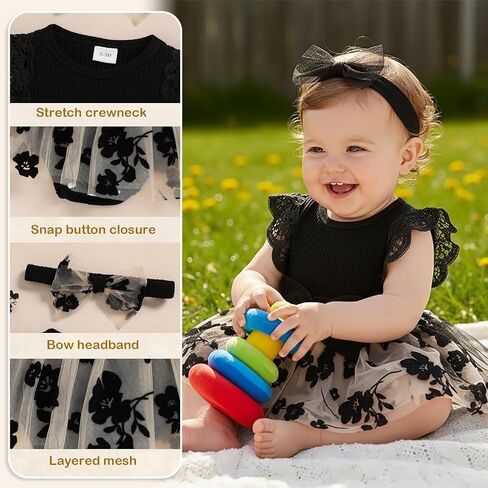 Baby Girl Romper Dress, Tulle Skirt Bodysuit Ruffle Sleeveless Summer Outfit with Headband for Infants 0-12M in Saudi Arabia