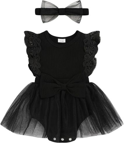 Baby Girl Romper Dress, Tulle Skirt Bodysuit Ruffle Sleeveless Summer Outfit with Headband for Infants 0-12M in Saudi Arabia
